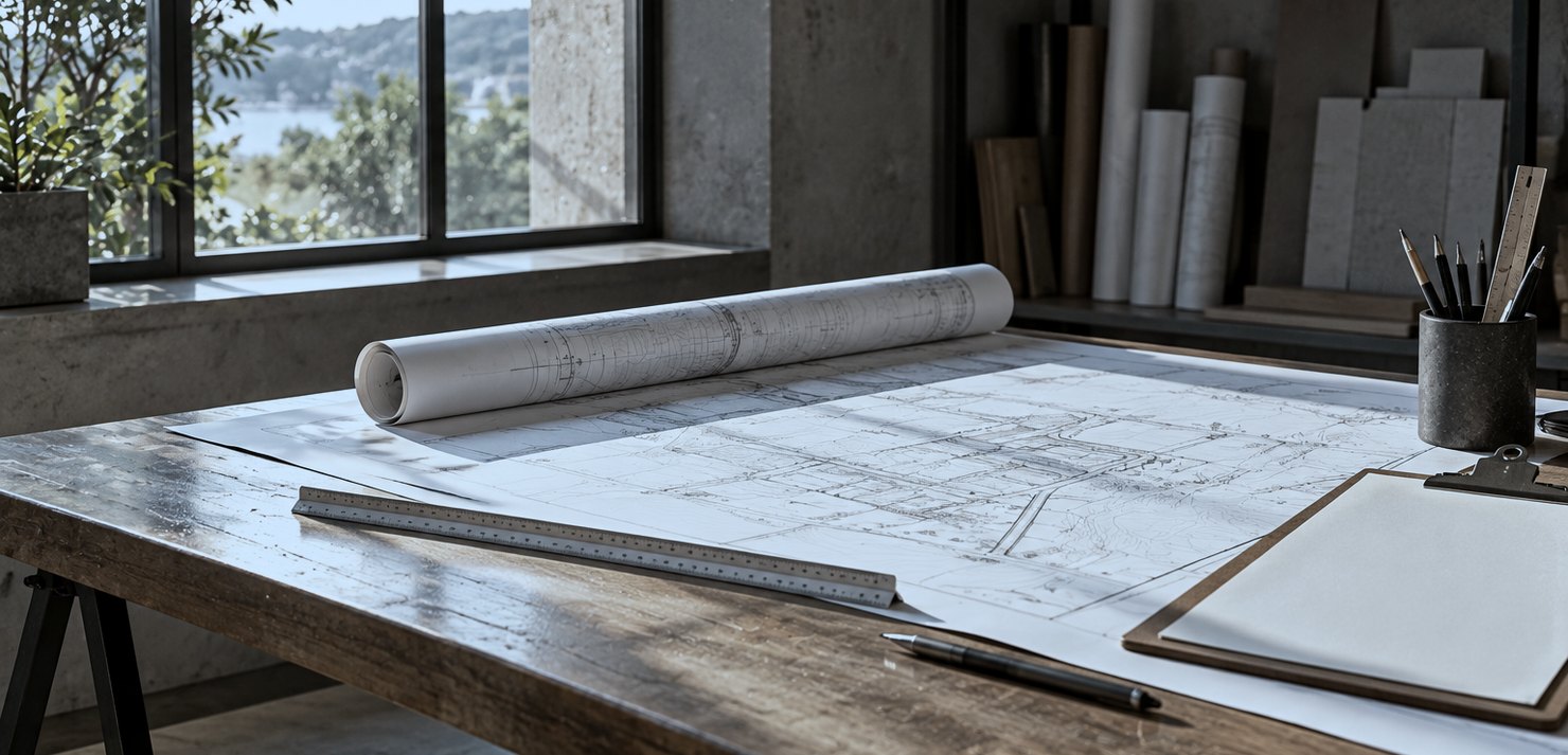 Photograph of a drawing board with a rolled site plan, scale rule and a plain clipboard in window light. Editorial photograph, not this company's office or documents.