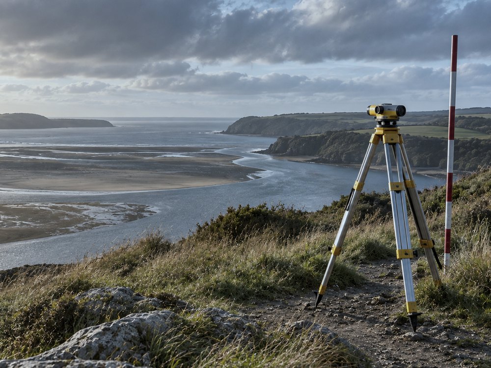 Photograph of a surveyor's tripod and levelling staff standing on a clifftop path above an estuary at low tide. Editorial photograph, not this company's equipment or site.