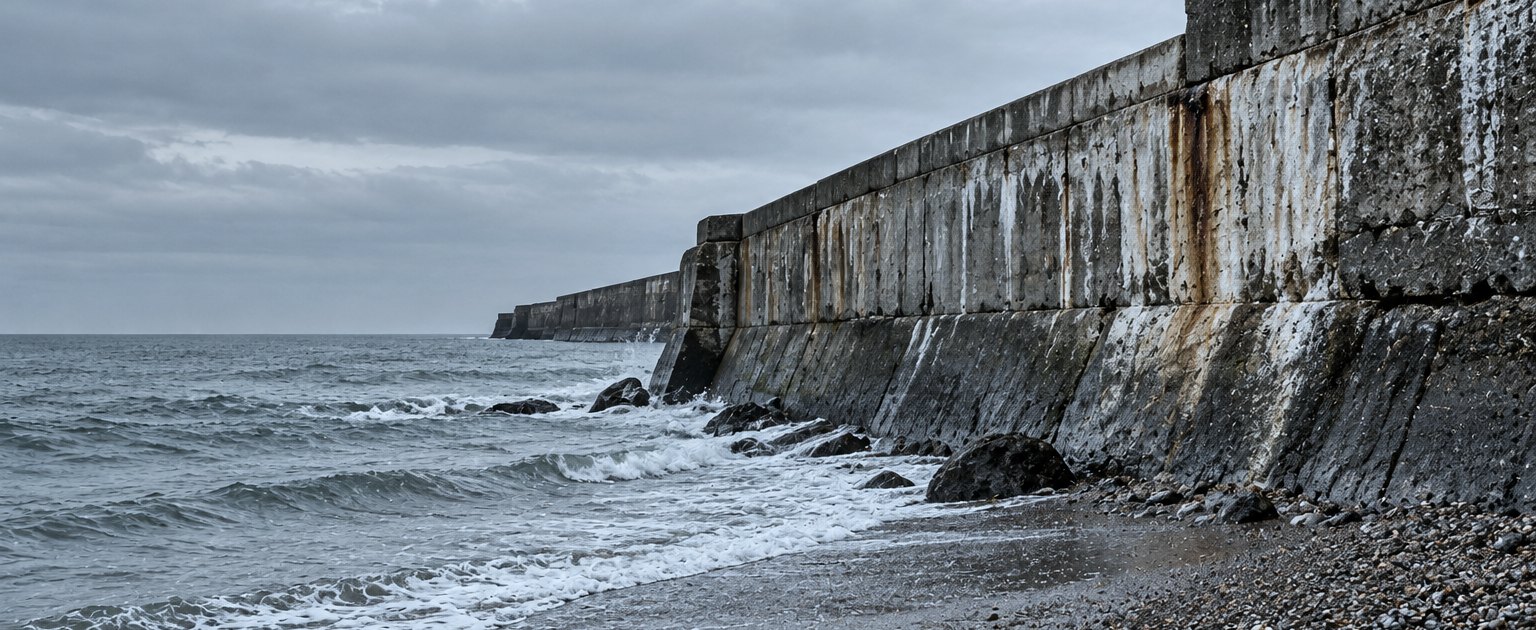 Photograph of a weathered concrete sea wall meeting a shingle beach under a flat grey sky, old repair patches visible. Editorial photograph, not a site surveyed by this company.